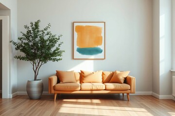 Frame mockup, Living room wall poster mockup. Interior mockup with house background. Modern interior design.	
