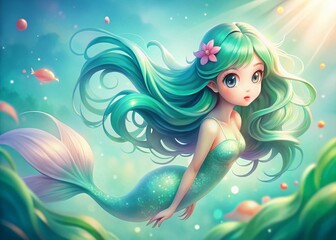 Adorable Asian Cartoon Mermaid with Turquoise Hair - Left Side Copy Space