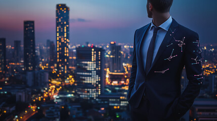 Fototapeta premium Smart digital city with connection cyber security network reciprocity over the cityscape . future smart wireless digital city and social media networking systems that connects people within the city