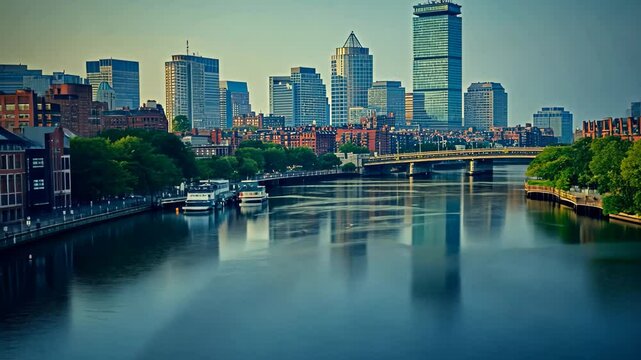 A View of a River With a City in the Background, Boston's historical cityscape viewed from over the Charles River