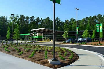 Obraz premium Modern Building Design: Architectural Marvel with Green Landscaping and Sustainable Features Showcases Innovative Commercial Structure in Wooded Area, Enhancing Natural Beauty.