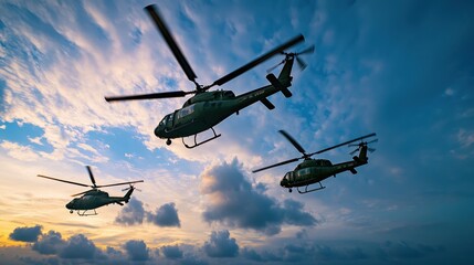 Fototapeta premium Military Helicopters Flying in Formation at Dramatic Sunset Sky
