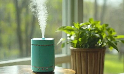 Teal essential oil diffuser on wooden table next to potted plant, emitting steam.