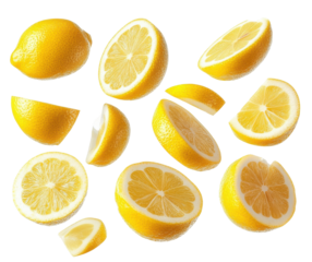 yellow lemons slices falling on white background