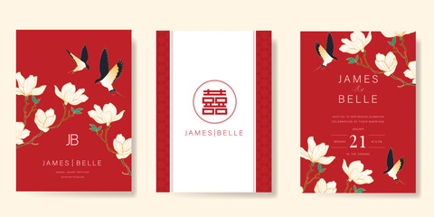 Red Chinese wedding card vector set. Luxury invitation card design with swallow bird, flower, leaf branch. Illustration for vip cover, poster, rsvp modern card, Chinese New Year.