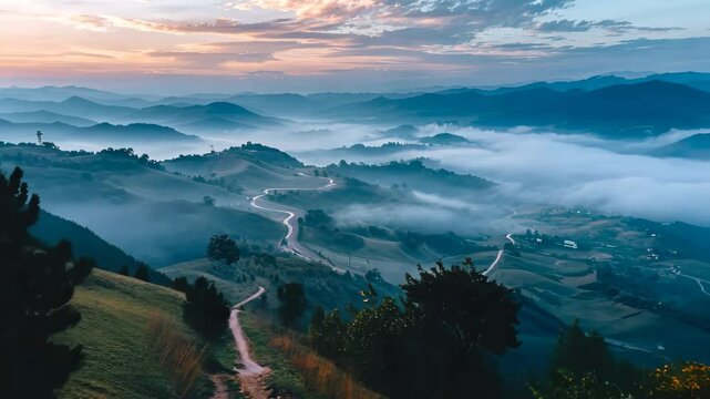 A dirt road winds its way up a hill, providing a scenic view of a valley below, Breathtaking view from a misty hilltop
