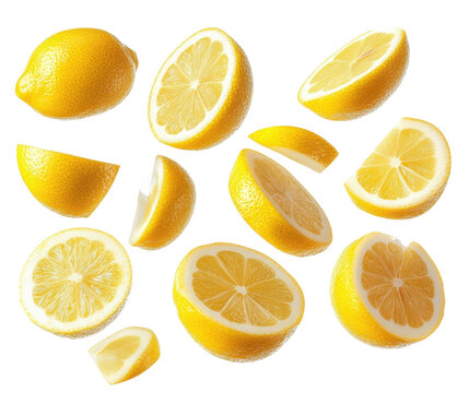 yellow lemons slices falling on white background
