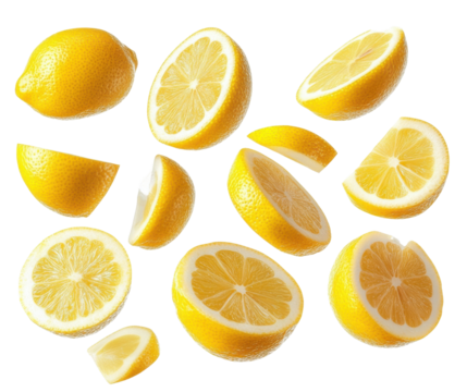 yellow lemons slices falling on white background