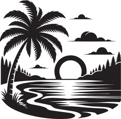 Silhouette of black tropical beach at sunset with a palm tree silhouette