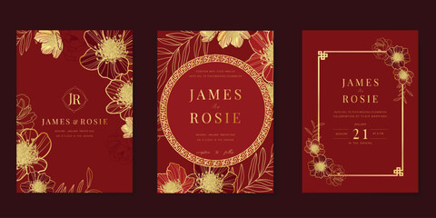 Red Chinese wedding card vector set. Luxury invitation card design with peony flower, leaf branch, frame. Illustration for vip cover, poster, rsvp modern card, Chinese New Year.