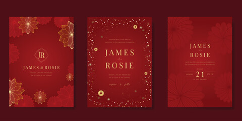 Red Chinese wedding card vector set. Luxury invitation card design with flower, leaf branch, frame, sparkling. Illustration for vip cover, poster, rsvp modern card, Chinese New Year.