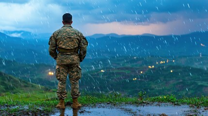 Naklejka premium Solitary Military Soldier Surveying Stormy Mountain Landscape at Nightfall