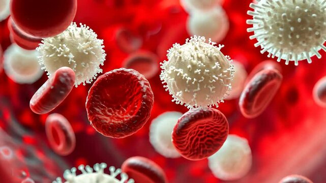 This video captures red and white blood cells moving through a blood vessel, Bright, contrasting depiction of red and white blood cells