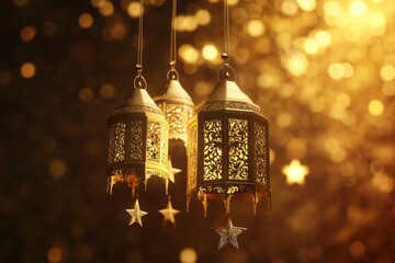 Gold hanging Islamic fanous lantern and star decoration. Design creative concept of islamic celebration day ramadan kareem or eid al fitr adha, copy space text area, 3D illustration. 