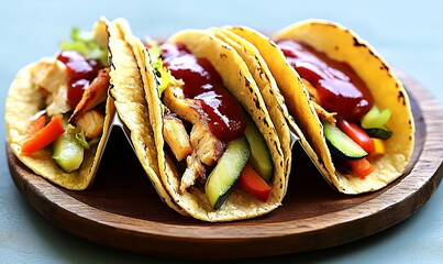 Three delicious chicken tacos with barbecue sauce, bell peppers, and zucchini on a wooden plate.