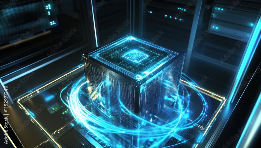 Poster futuristic data cube in server room.