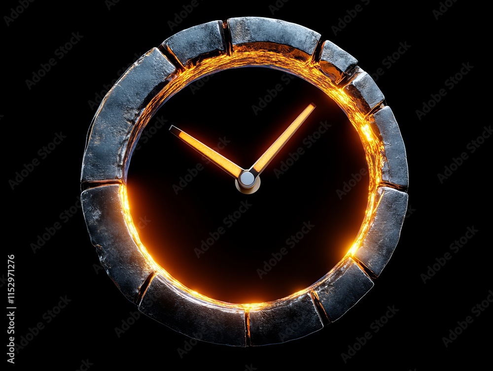 Poster a striking clock with a metallic circular frame illuminated by a warm glow, showcasing a unique blen