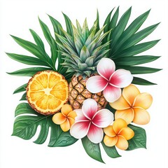 Fototapeta premium Vibrant tropical composition featuring pineapple, orange, and colorful blossoms.