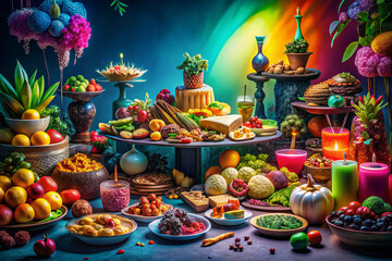 vibrant display of assorted fruits, vegetables, and desserts arranged artistically on various tables, illuminated by colorful lighting, creating festive atmosphere