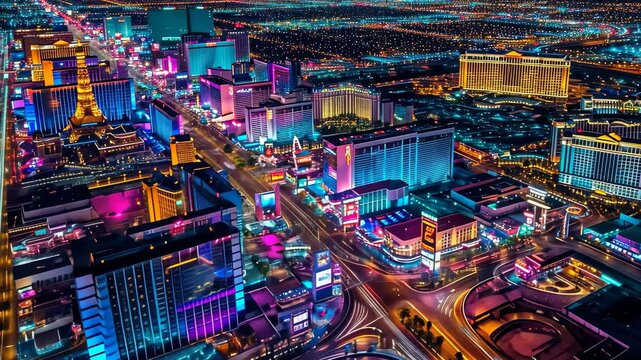 This video captures an aerial view of a bustling city at night, showcasing the urban landscape and vibrant city lights, Bright lights of Las Vegas Strip from above