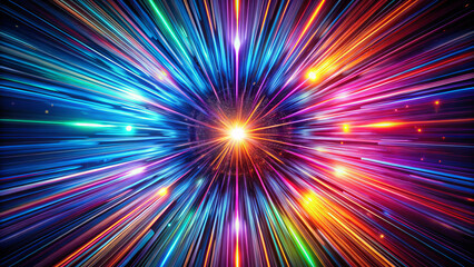 Vibrant cosmic rays radiate in dark spectrum, creating mesmerizing geometric pattern. This high definition image captures essence of prismatic energy and motion