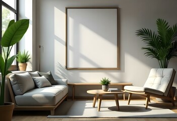Fototapeta premium A modern living room with a large empty frame on the wall, a couch, a chair, and potted plants