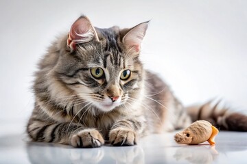 Fototapeta premium Adorable Fluffy Cat Posing for Product Photography, Cute Kitten with Toy Mouse