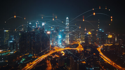 Smart digital city with connection cyber security network reciprocity over the cityscape . future smart wireless digital city and social media networking systems that connects people within the city