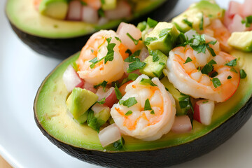 Fresh avocado halves filled with shrimp salad, featuring diced vegetables and herbs, create vibrant and healthy dish perfect for tropical meals