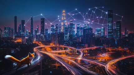 Naklejka premium Smart digital city with connection cyber security network reciprocity over the cityscape . future smart wireless digital city and social media networking systems that connects people within the city