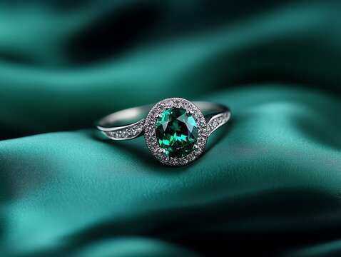 Elegant emerald ring resting on luxurious fabric, showcasing beauty and sophistication in jewelry design.