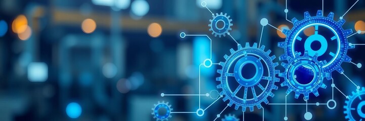 Digital transformation of IoT technology depicted with a graphic of an automated robot machine with gears connecting, representing the shift to Industry 40, technology, connect