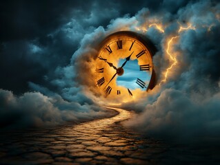 A surreal golden clock emerges from stormy clouds, creating a mystical atmosphere with lightning, symbolizing the passage of time.