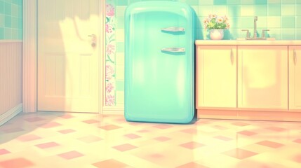 Retro Kitchen Scene with Turquoise Refrigerator and Flowers