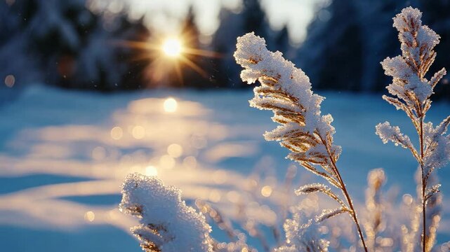 Snow and weeds in the winter sunset