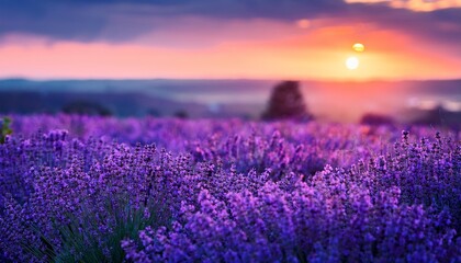 Fototapeta premium The vibrant purple hues of the lavender contrast beautifully with the golden tones of the sunset, creating a stunning visual spectacle