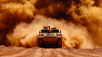 Fototapeta premium Powerful Military Tank Charging Through Explosive Desert Battlefield
