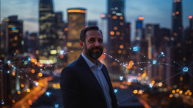 Abstract businessman stands on the peak of success Smart digital city with connection cyber security network reciprocity over the cityscape future wireless digital city and social media networking