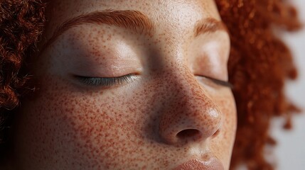 Fototapeta premium Close-Up of Female Face with Freckles and Eyes Closed