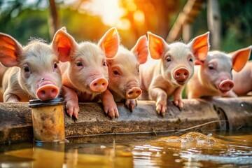 Adorable Piglets Thirsty Farm Animals Drinking Water from Pipe