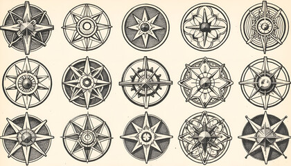 A set of wind rose symbols in a medieval cartographic style