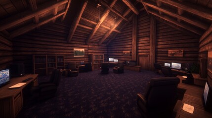 Rustic Log Cabin Control Room with Multiple Workstations