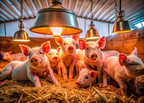 Adorable Piglets & Sows Napping Under Infrared Heat Lamp in Farm Pen