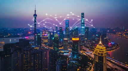 Fototapeta premium Smart digital city with connection cyber security network reciprocity over the cityscape . future smart wireless digital city and social media networking systems that connects people within the city
