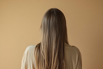 Fototapeta premium Hair styling. Woman with straight long hair on pale brown background, back view 