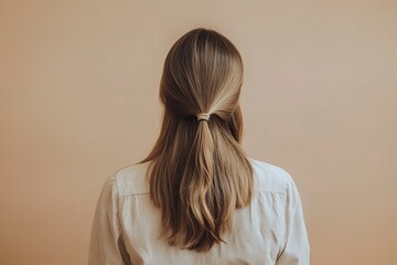 Fototapeta premium Hair styling. Woman with straight long hair on pale brown background, back view 