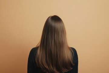 Fototapeta premium Hair styling. Woman with straight long hair on pale brown background, back view 