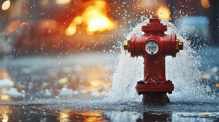 A red fire hydrant sprays water in a flooded urban street, capturing a moment of emergency.