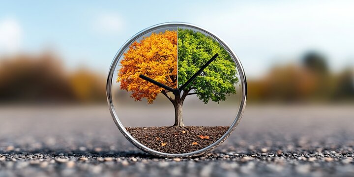 A unique clock displays a vibrant half orange, half green tree, symbolizing the passage of time and the beauty of seasonal change.