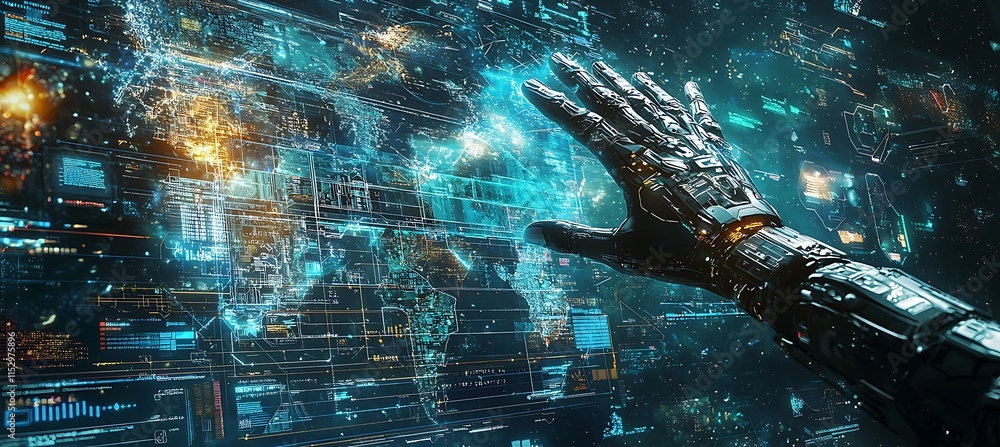 Poster robotic hand interacting with a holographic global data interface